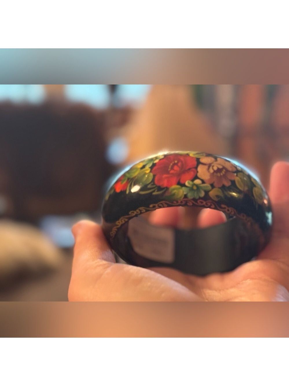 VINTAGE Russian Black Lacquer Floral Painted Bangle Bracelet Small - Picture 5 of 17